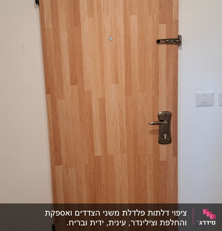 דלת עץ עם ידית מתכת ובריח עליון